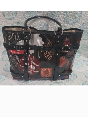Salvatore Ferragamo Black Patent Floral Patchwork Tote